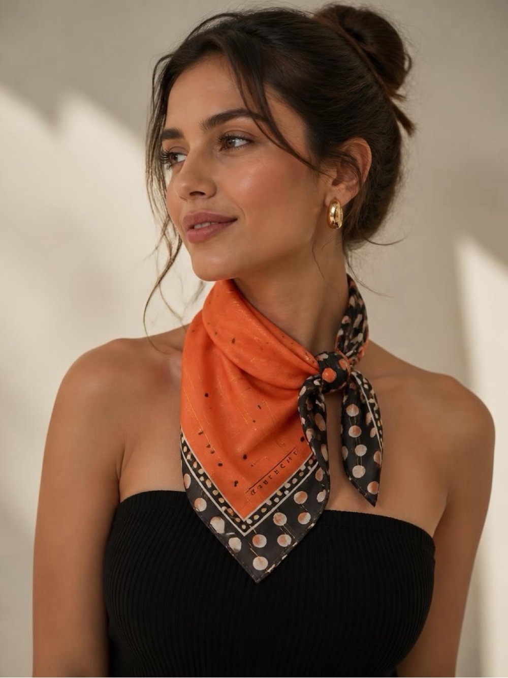 Givenchy Polka Dot Handkerchief Scarf 20x20 Orange Black Gold Accent